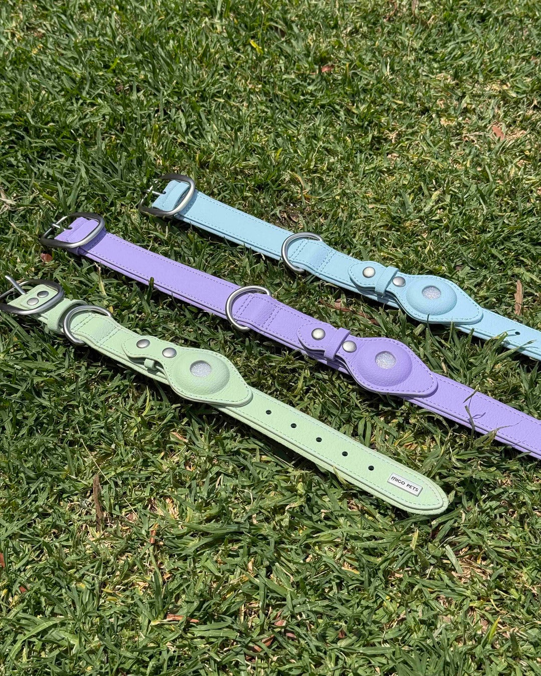 Waterproof AirTag dog collar in Sky Blue, Sage Green and Soft Purple, made from vegan leather and designed for everyday use in Australia.