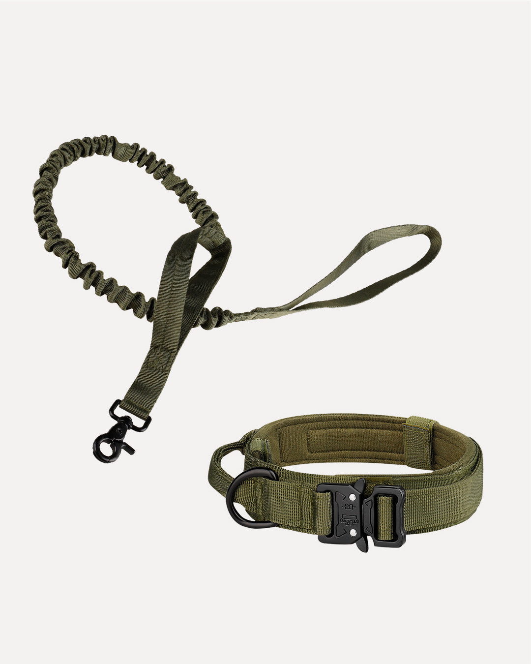 Overview of a tactical no-pull dog kit in moss green.