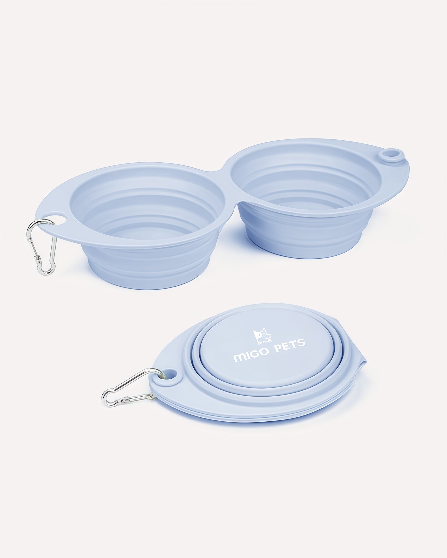 Overview of the collapsible travel double dog bowl in dusty bluebell, featuring its complete design.
