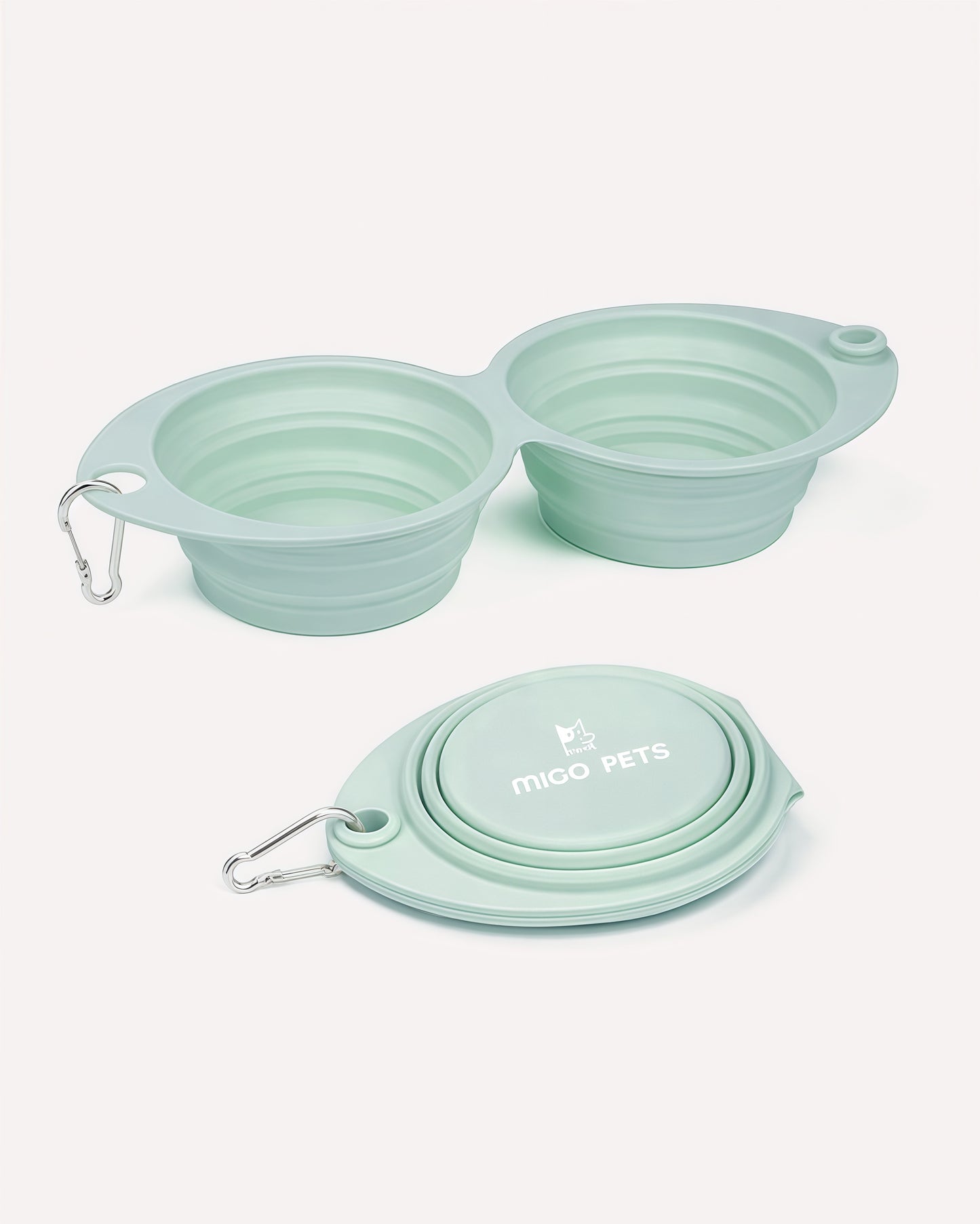 Overview of the collapsible travel double dog bowl in light spring dew, featuring its complete design.