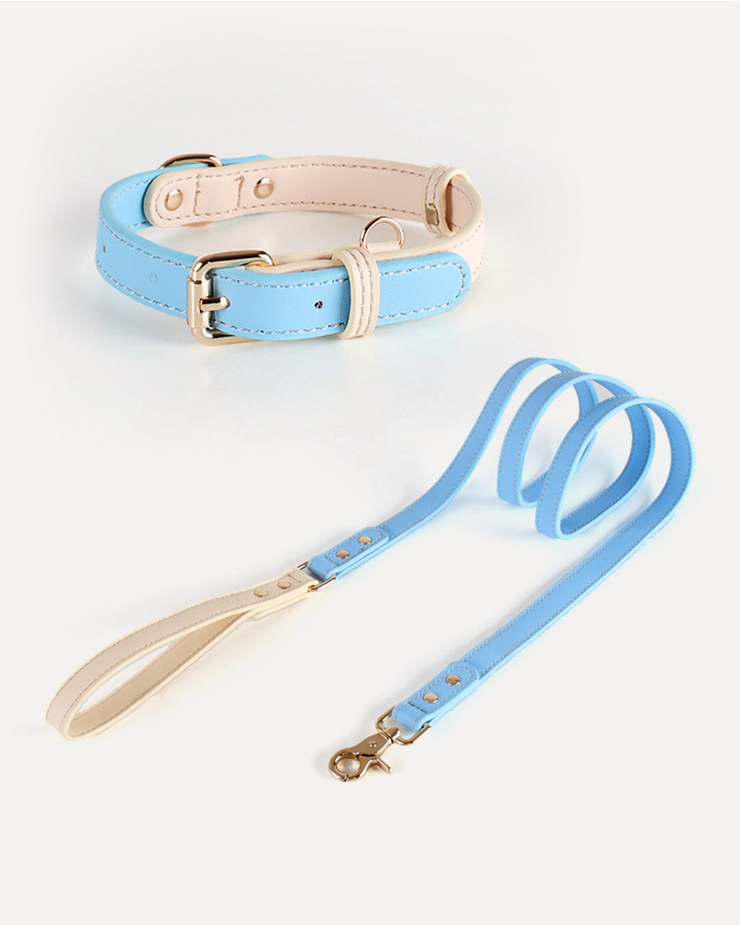 Eco-friendly two-tone dog kit in sky blue, featuring a genuine leather collar and leash.