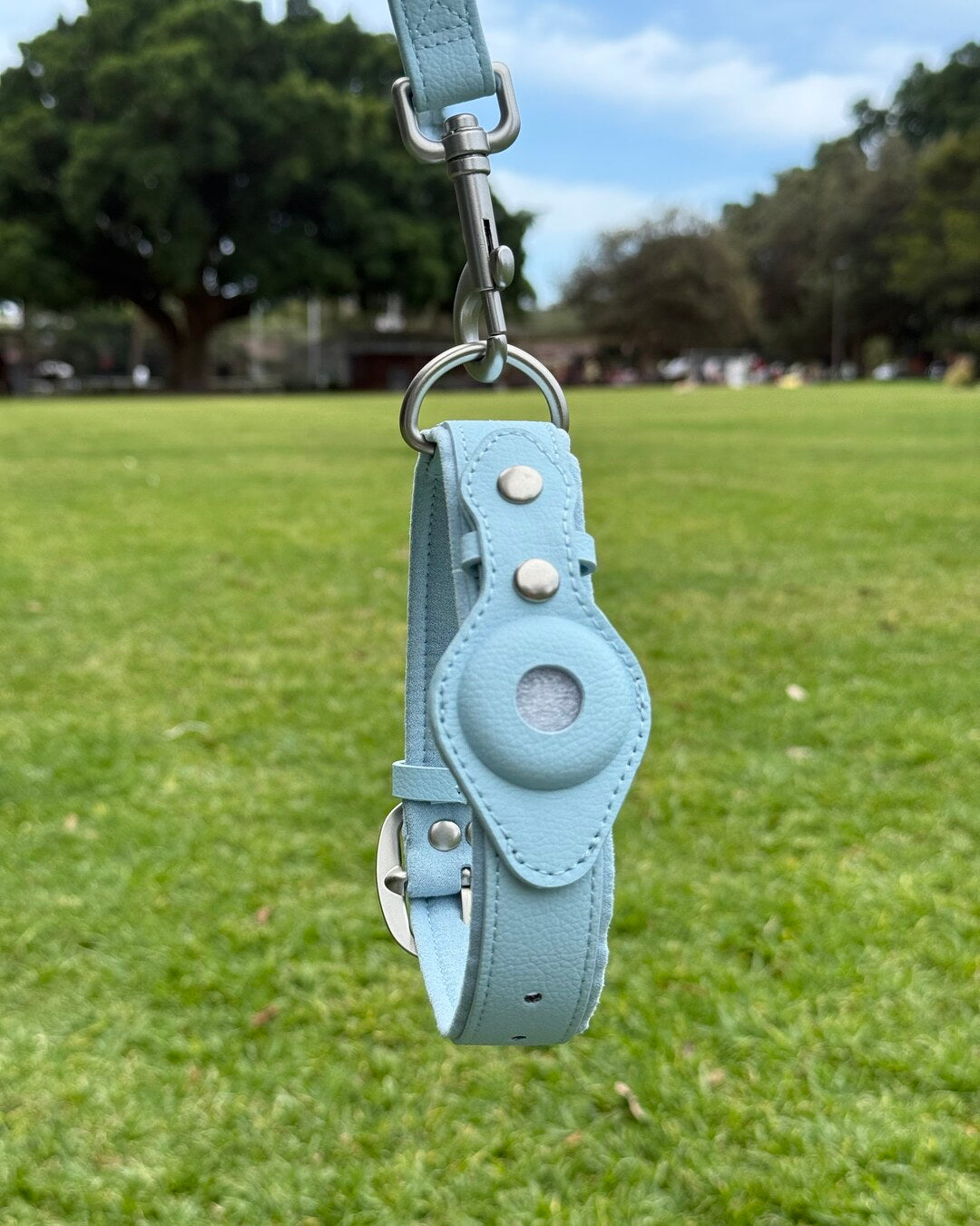 Waterproof AirTag dog collar and leash set in sky blue designed in Australia.