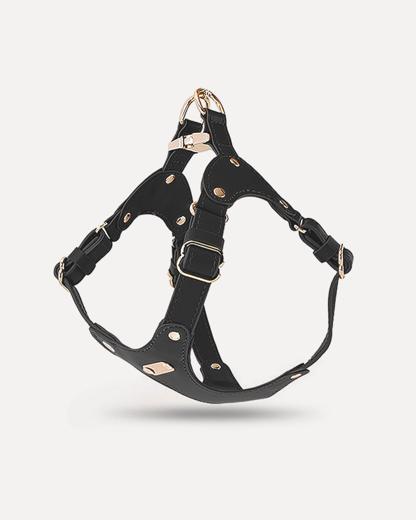 Overview of the waterproof soft leather dog harness in black, featuring its complete design.