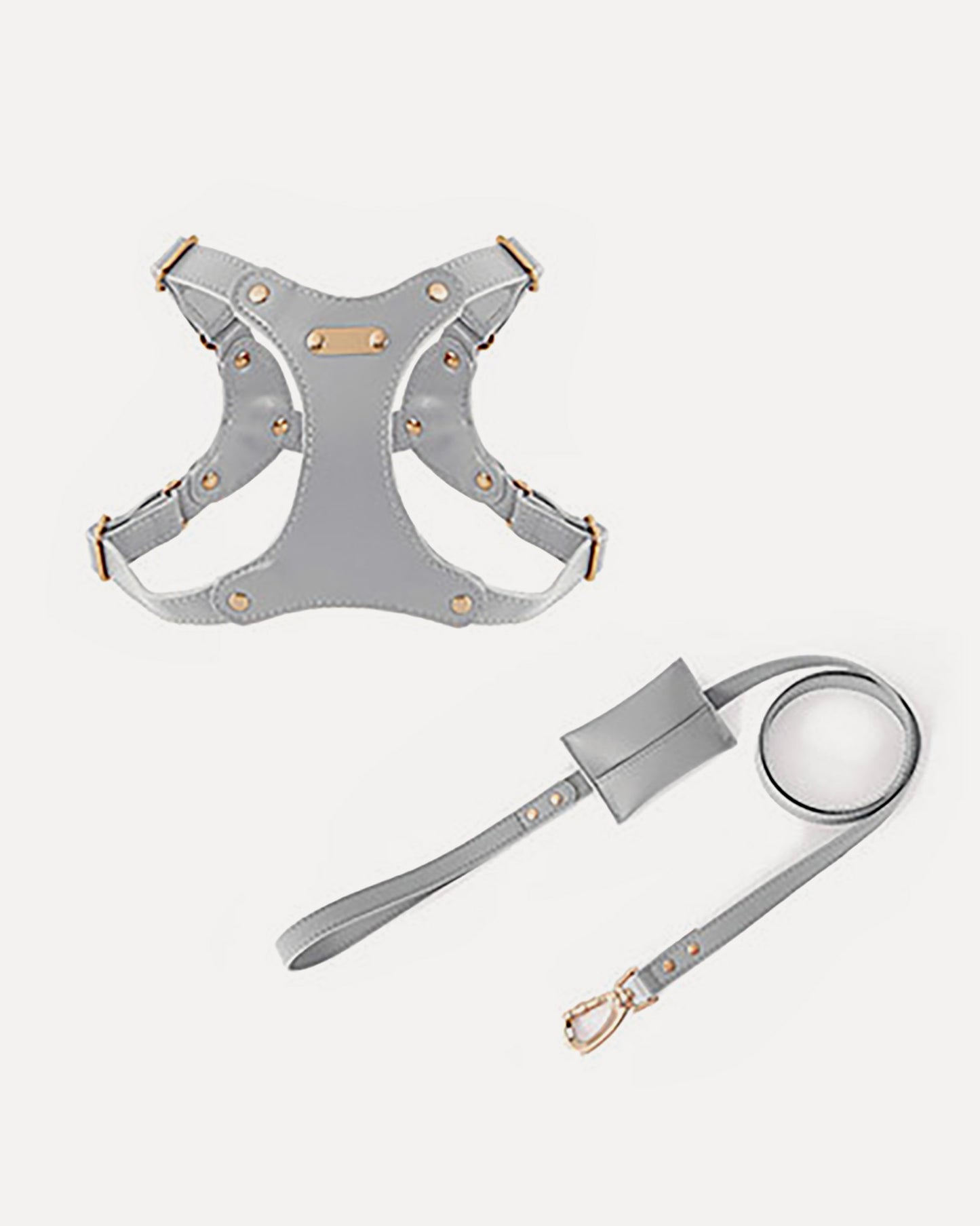 Overview of the gray waterproof soft leather dog harness kit, featuring eco-friendly, dirt-resistant leather for easy cleaning.