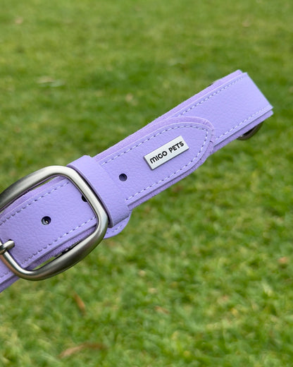 MIGO PETS branding on waterproof AirTag dog collar made from vegan leather.