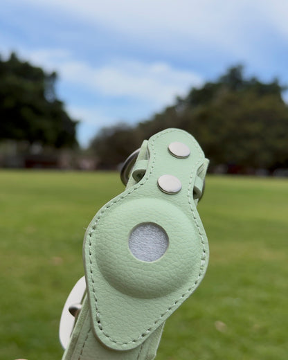 Sky Blue waterproof AirTag dog collar made from vegan leather with soft suede lining, suitable for everyday walks.