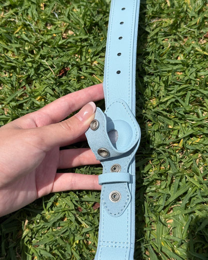 Detail of AirTag holder on waterproof dog collar made from silicone-based vegan leather.