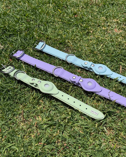 Waterproof AirTag dog collar in Sky Blue, Sage Green and Soft Purple, made from vegan leather and designed for everyday use in Australia.