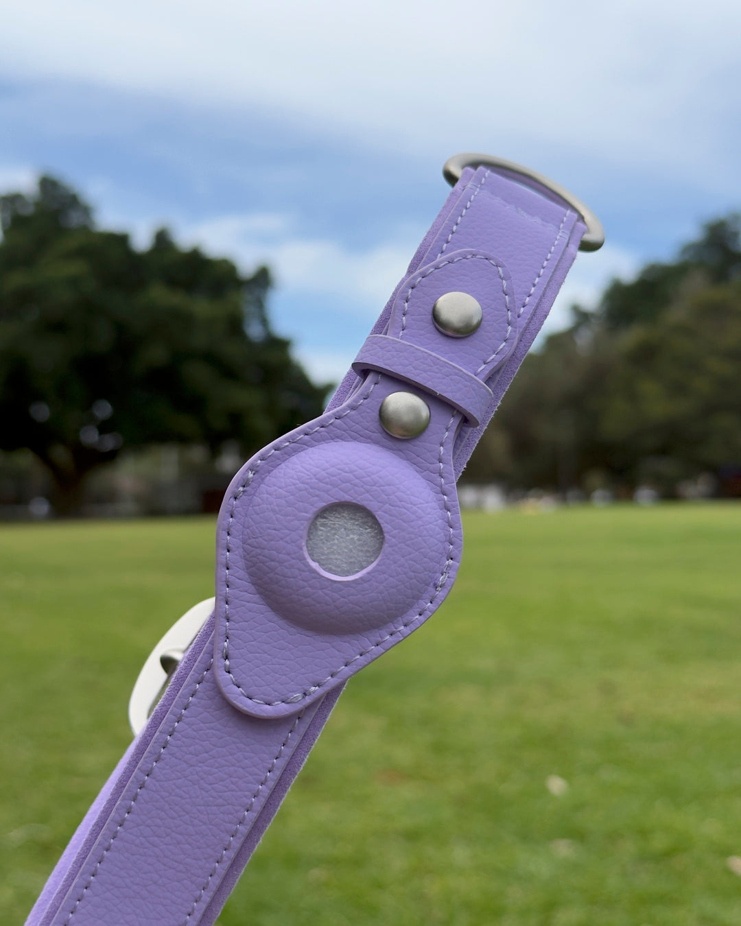 Soft Purple waterproof AirTag dog collar made from vegan leather, comfortable and durable for everyday wear.
