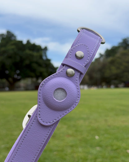 Soft Purple waterproof AirTag dog collar made from vegan leather, comfortable and durable for everyday wear.