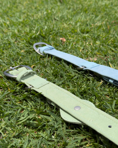 Soft suede-lined interior of waterproof AirTag dog collar, breathable and gentle on dog’s neck.