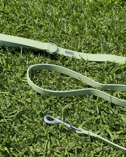 Sage green waterproof dog leash made from vegan leather with zinc alloy clip