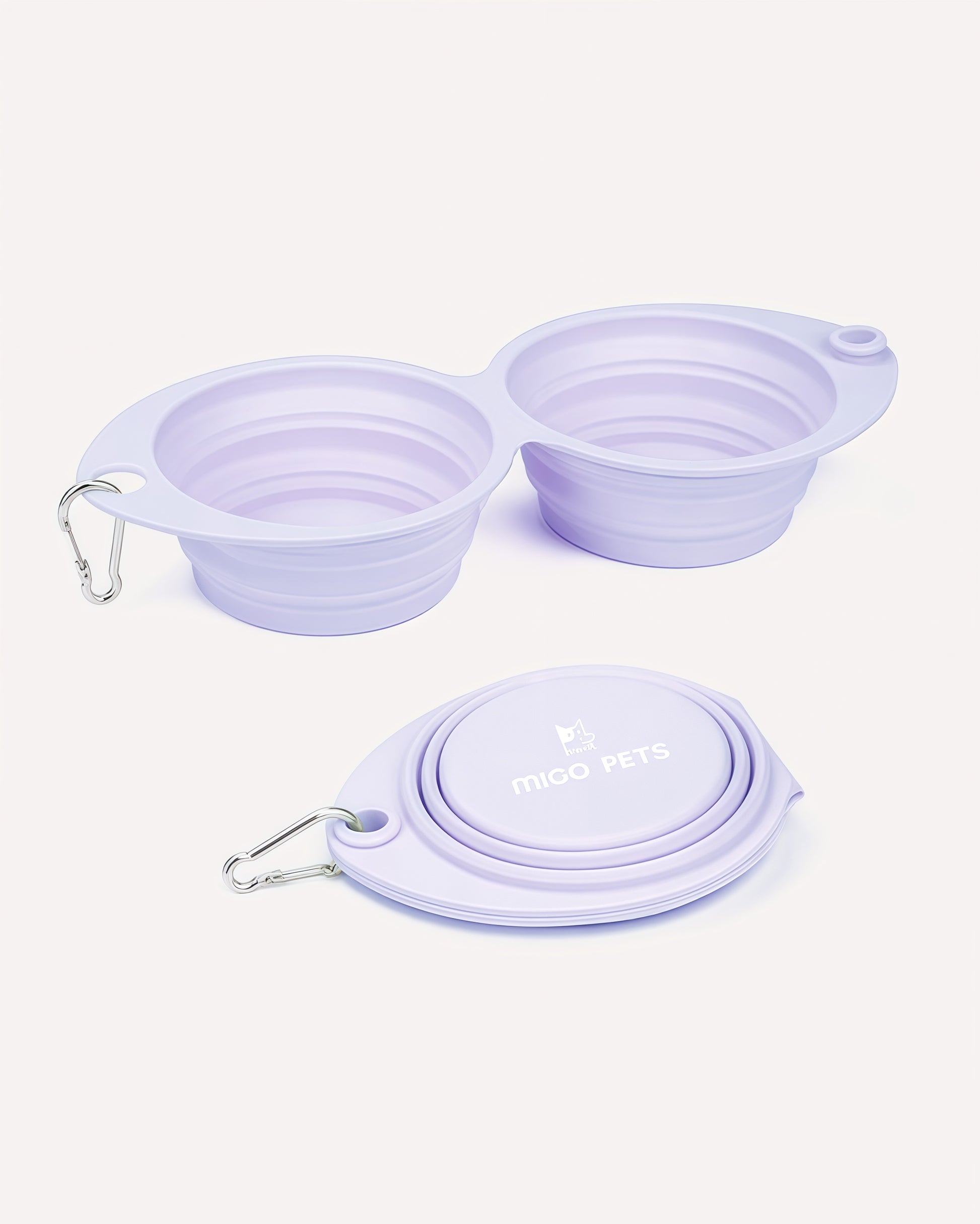 Overview of the collapsible travel double dog bowl in lavender mist, featuring its complete design.