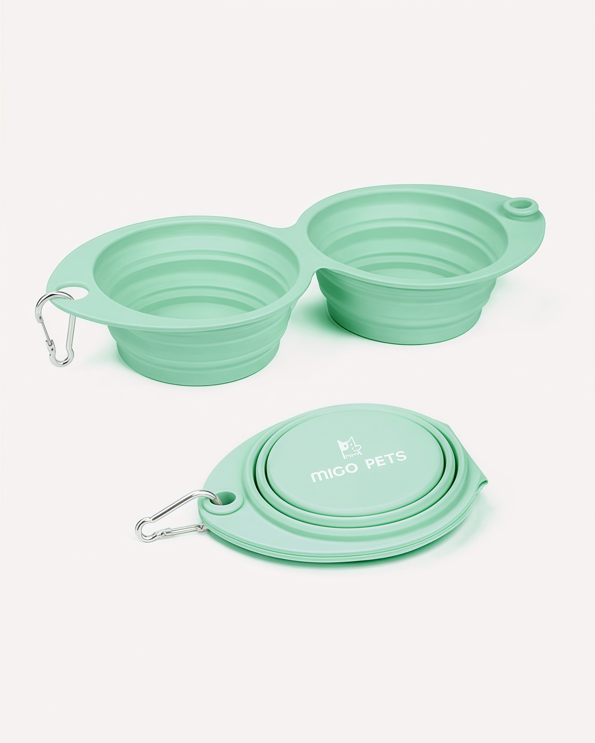 Overview of the collapsible travel double dog bowl in mint grove, featuring its complete design.