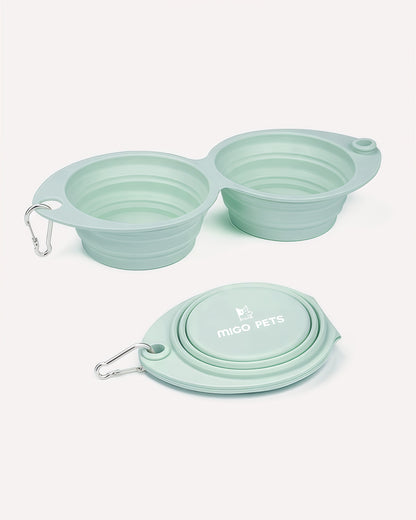 Overview of the collapsible travel double dog bowl in light spring dew, featuring its complete design.