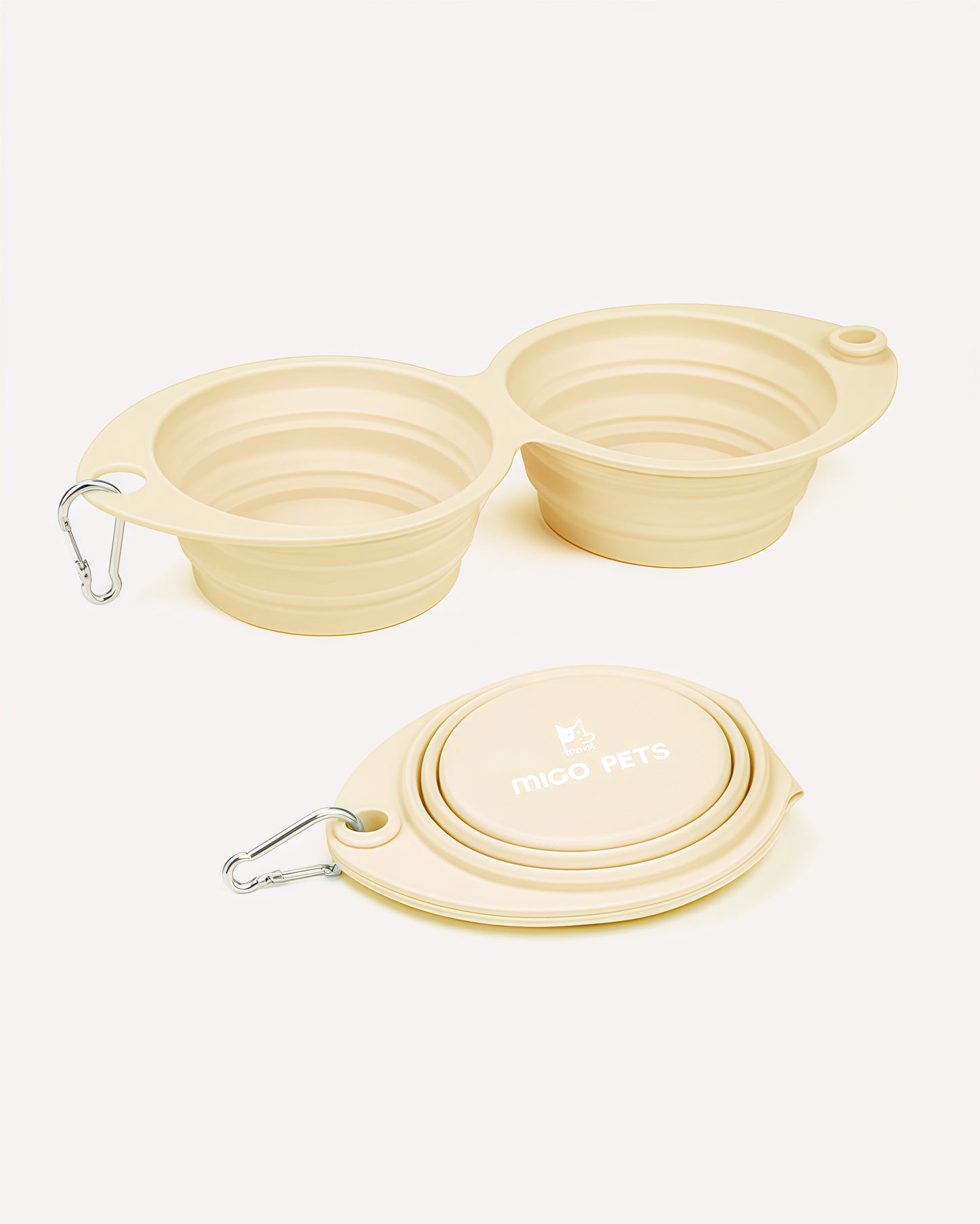 Overview of the collapsible travel double dog bowl in vanilla sand, featuring its complete design.