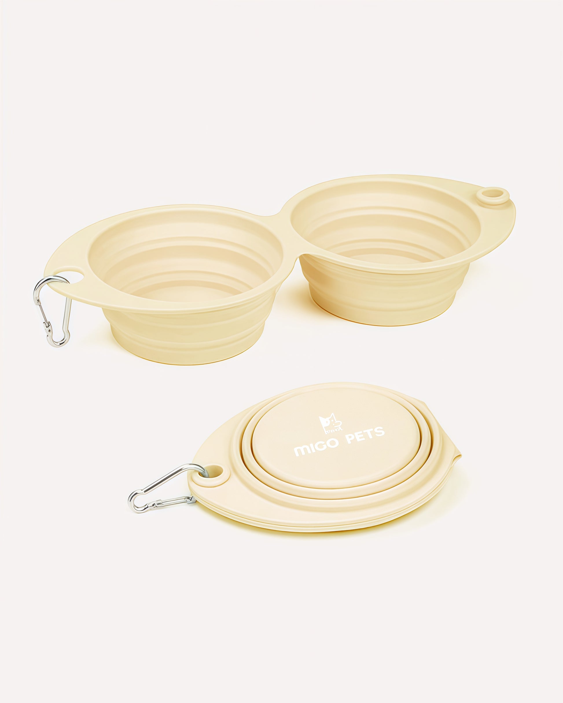 Overview of the collapsible travel double dog bowl in vanilla sand, featuring its complete design.