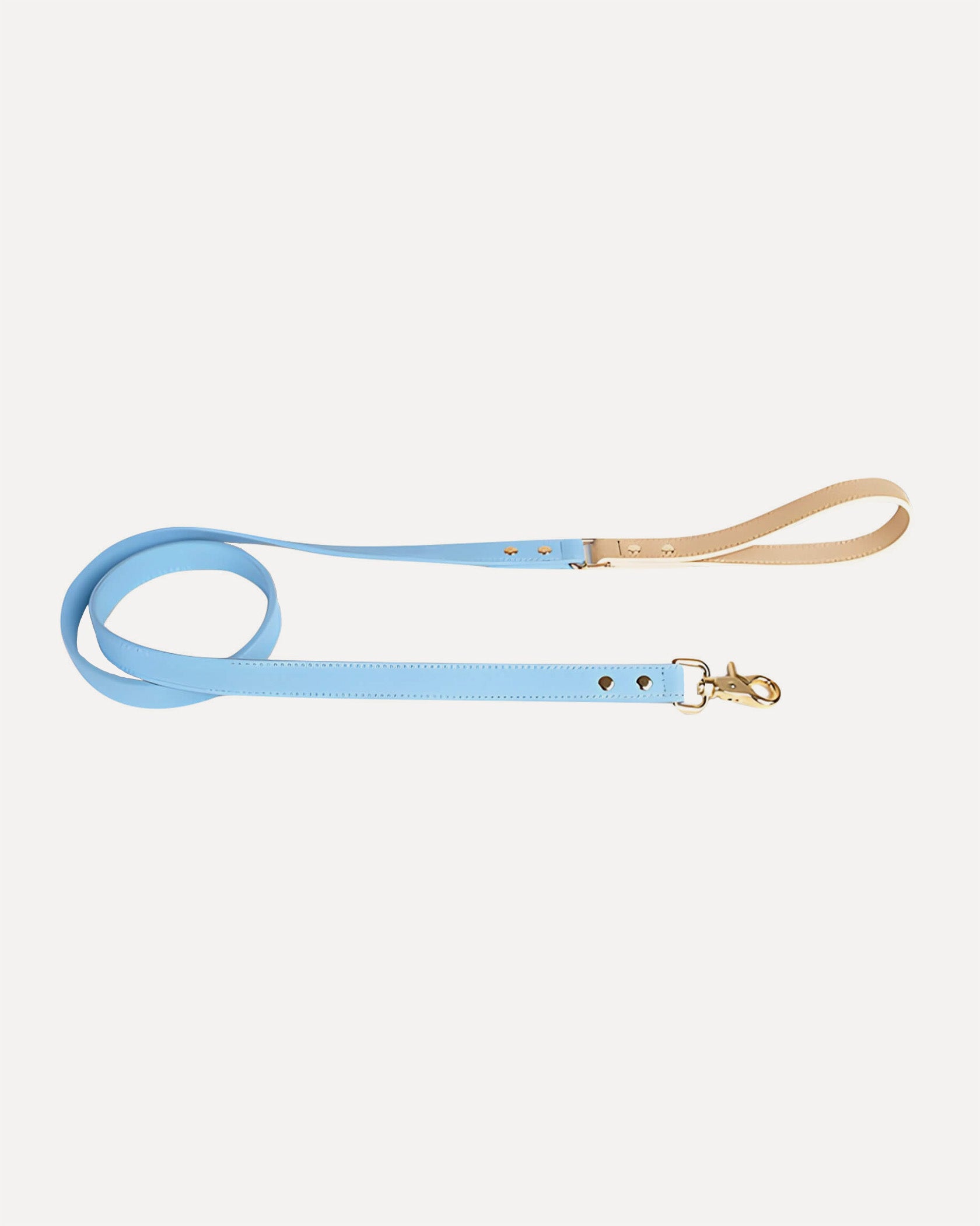 Overview of the eco-friendly two tone genuine leather dog leash in sky blue, featuring its complete design.