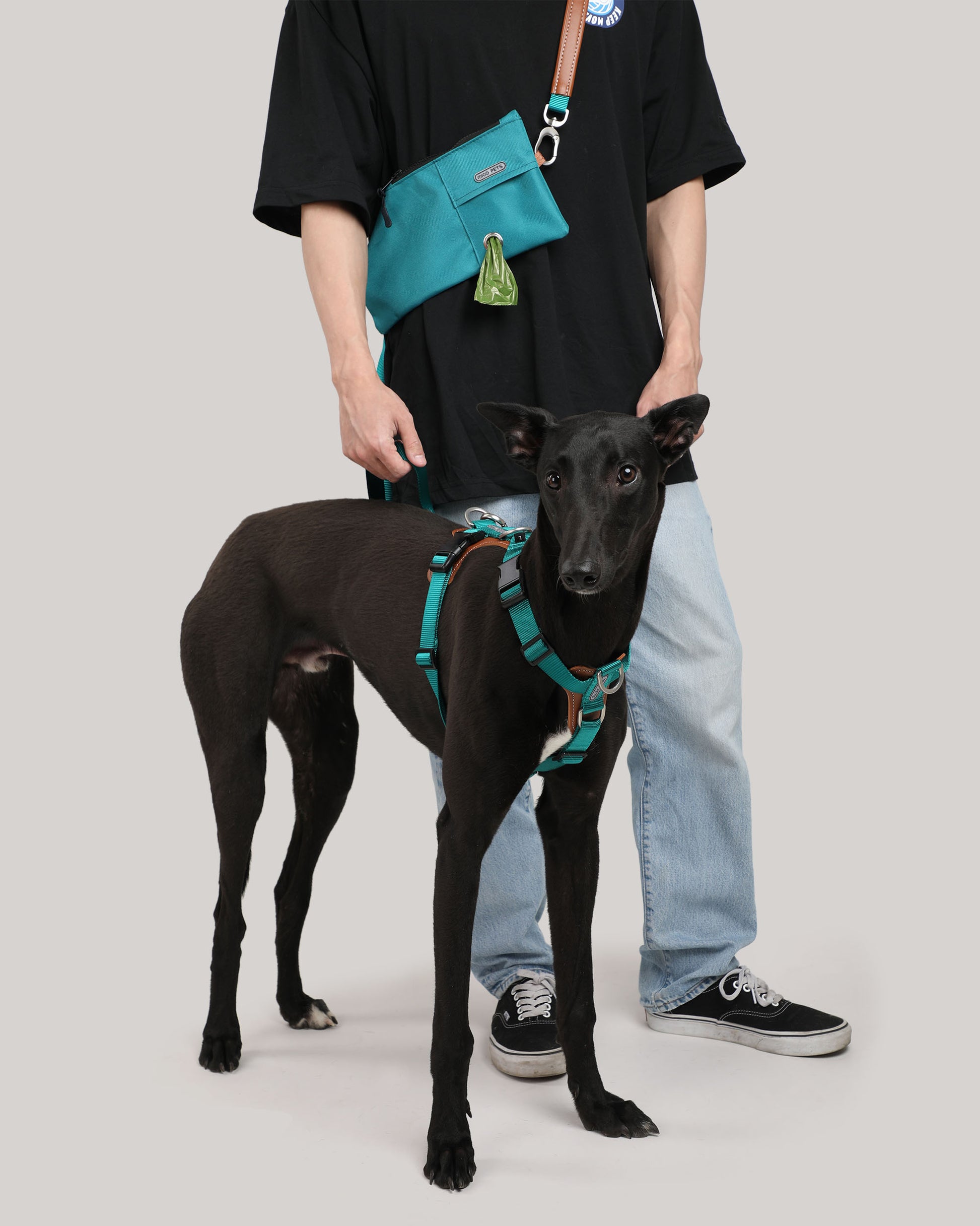 A dog in a moss green step-in adjustable dog harness, with the owner using a hands-free crossbody dog leash and a crossbody travel pouch.