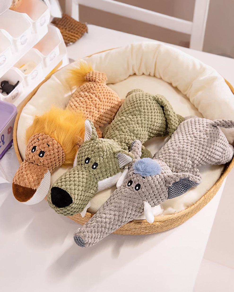 Overview of the squeaky dog toy, crafted from soft textured fabric.