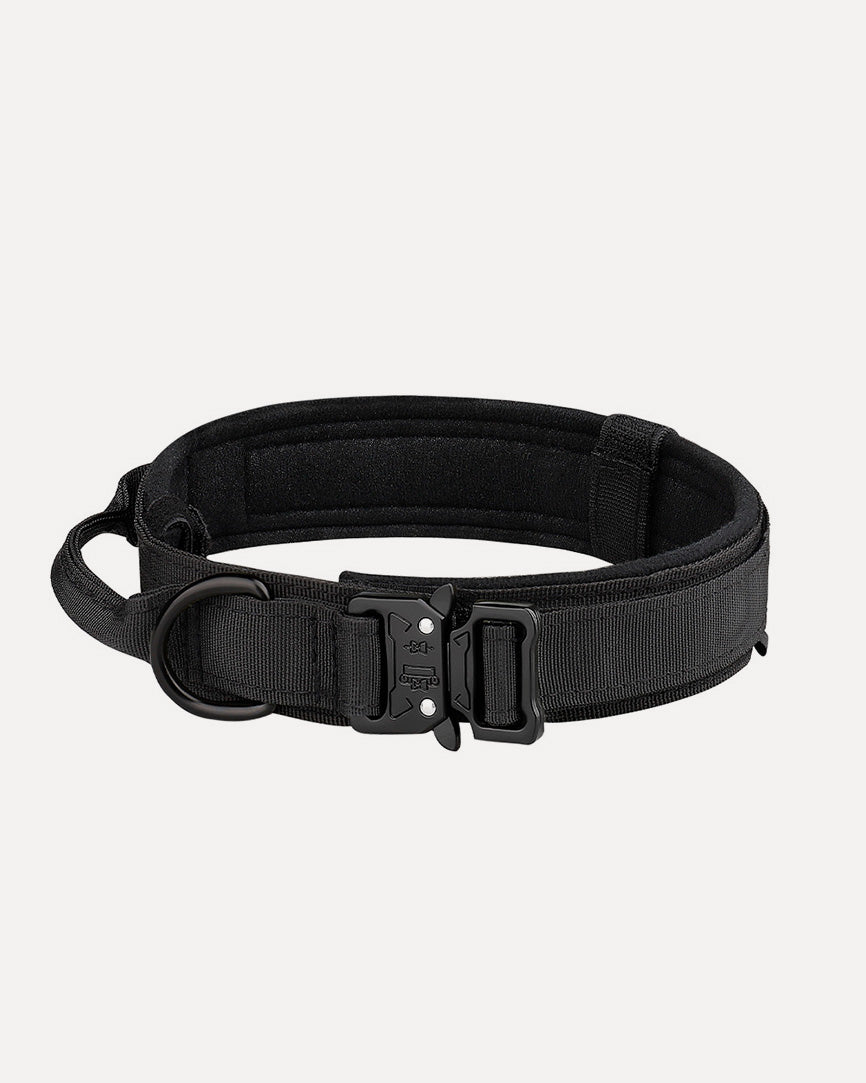 Top view of a tactical no-pull dog collar in black.