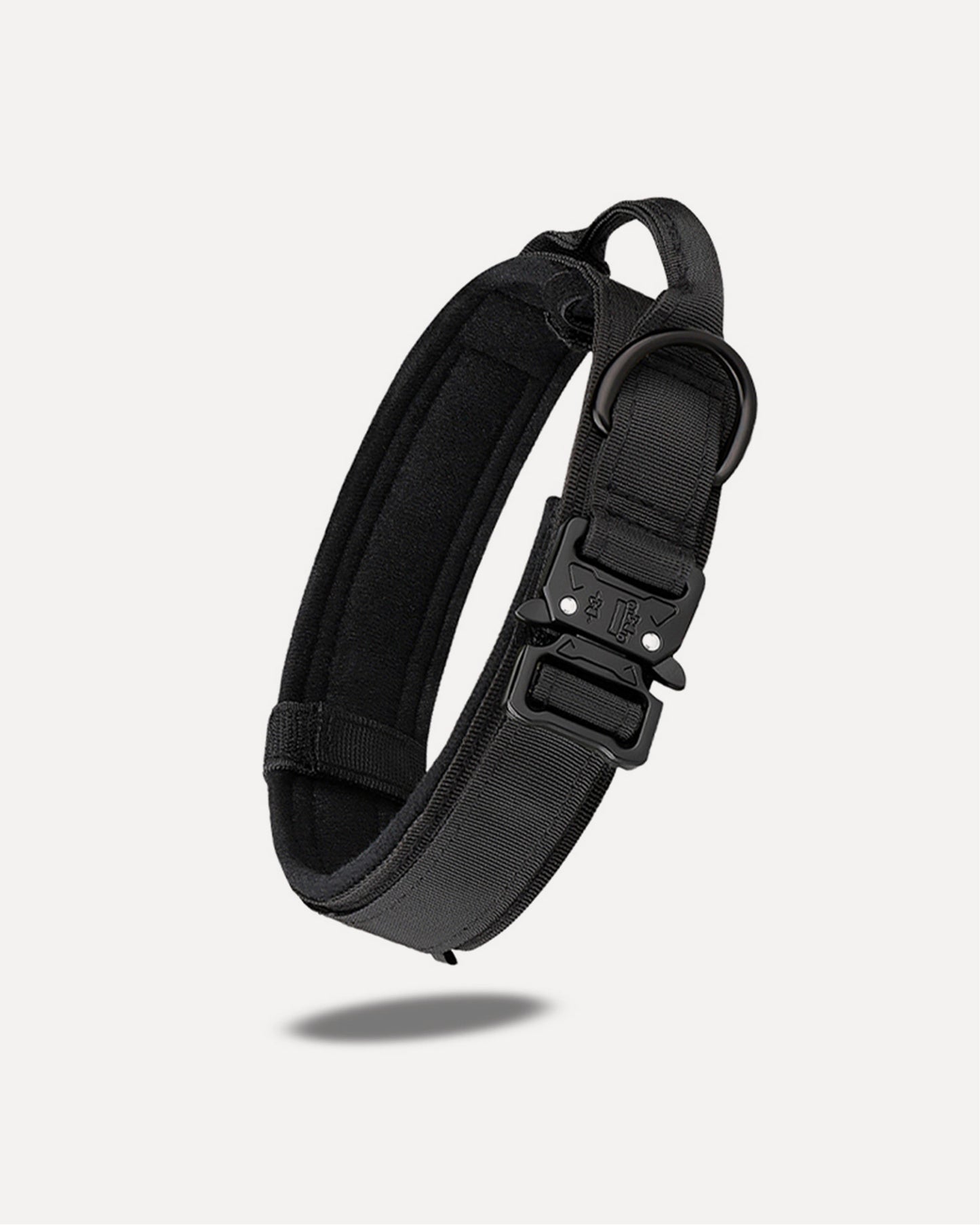 Side view of a tactical no-pull dog collar in black.