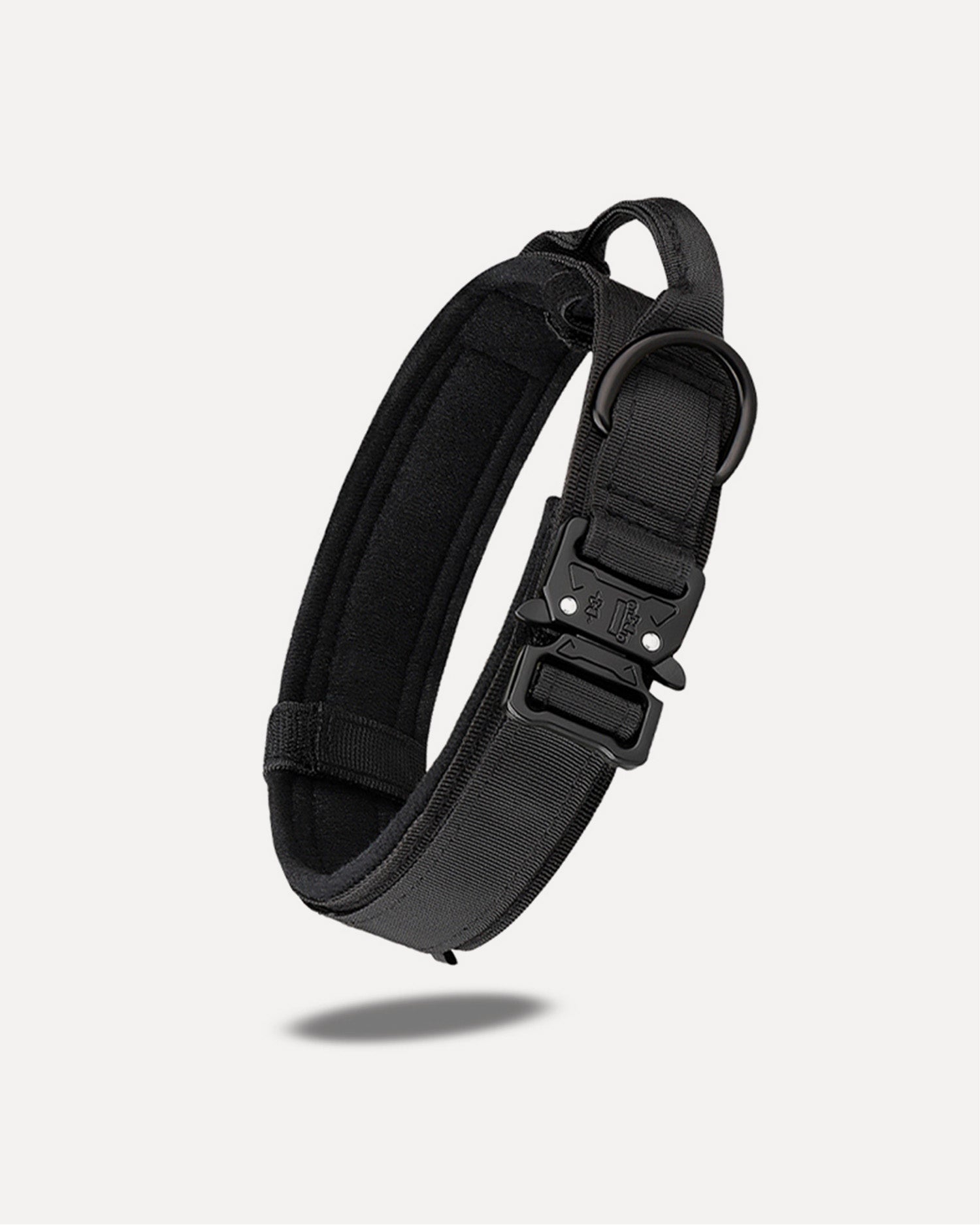 Side view of a tactical no-pull dog collar in black.