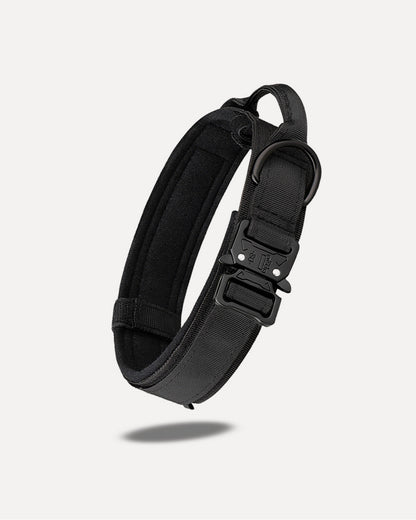 Side view of a tactical no-pull dog collar in black.