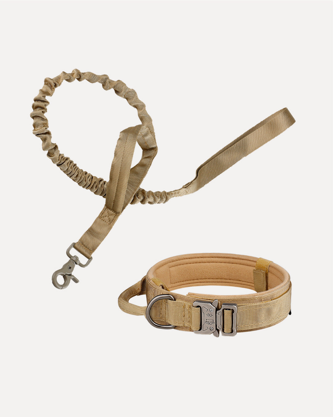 Overview of a tactical no-pull dog kit in beige.
