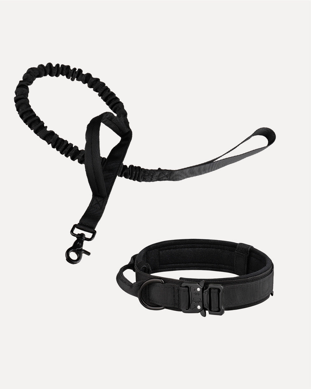 Overview of a tactical no-pull dog kit in black.