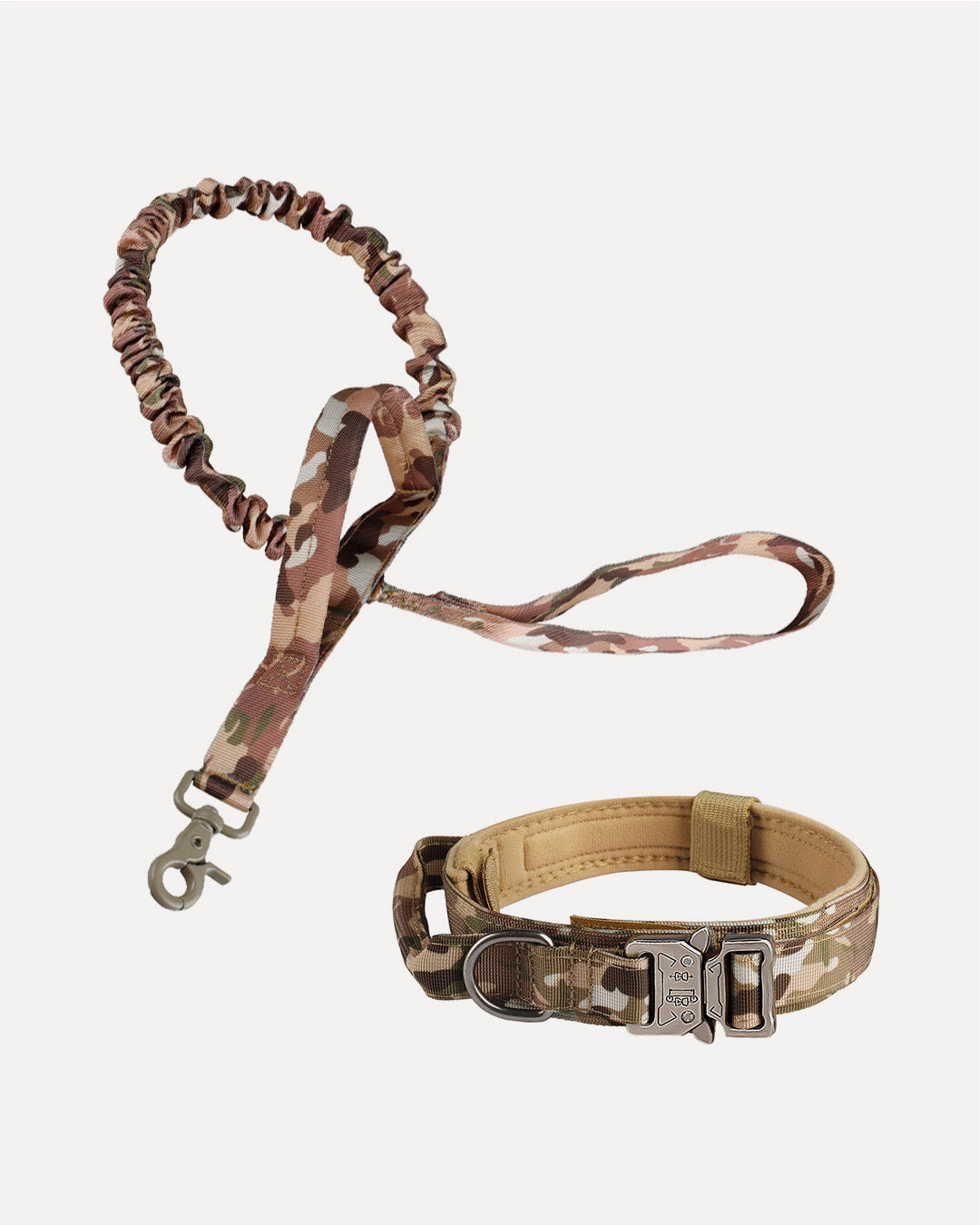 Overview of a tactical no-pull dog kit in camouflage.
