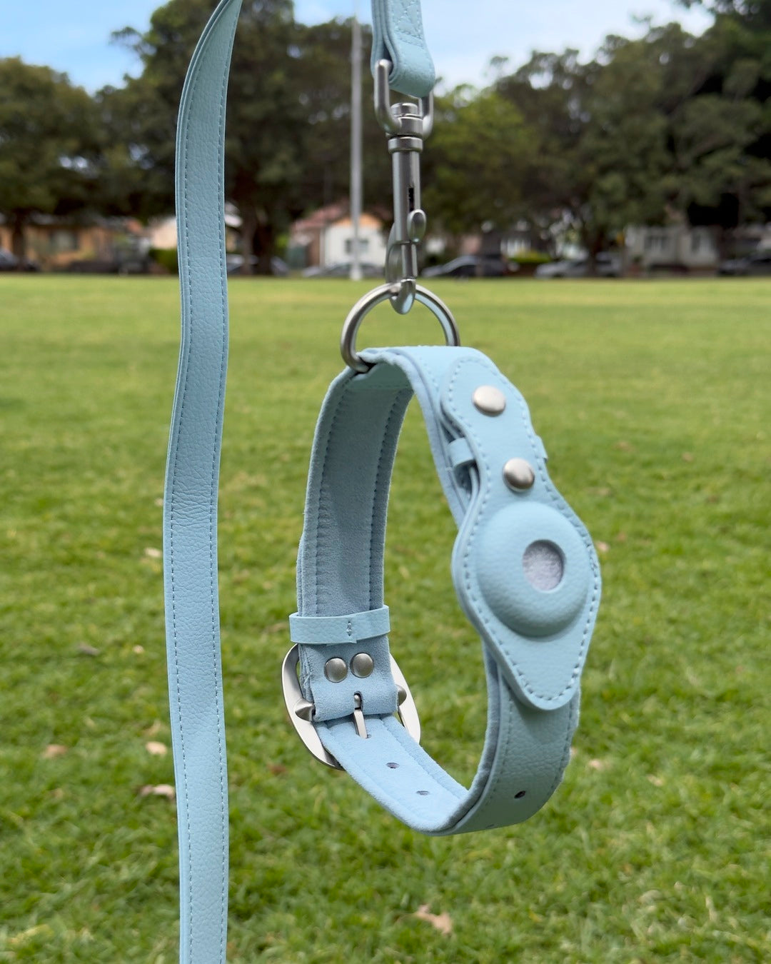 Side view of waterproof AirTag dog collar and leash set made from vegan leather