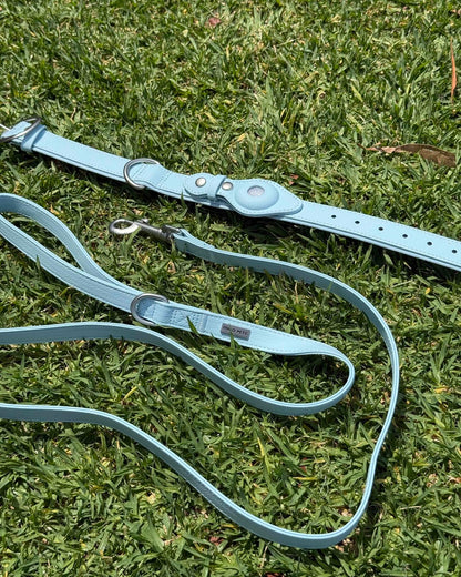 Waterproof AirTag dog collar and leash set in sky blue made from vegan leather
