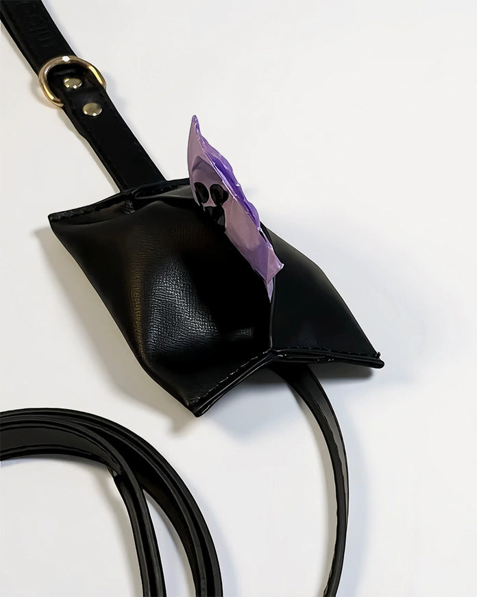 Close-up of black waterproof leather dog leash with attached waste bag. holder.
