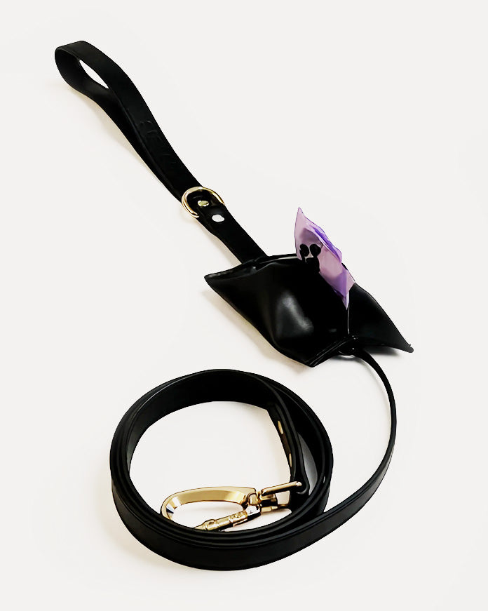 Overview of black waterproof leather dog leash and waste bag holder with gold clasp.
