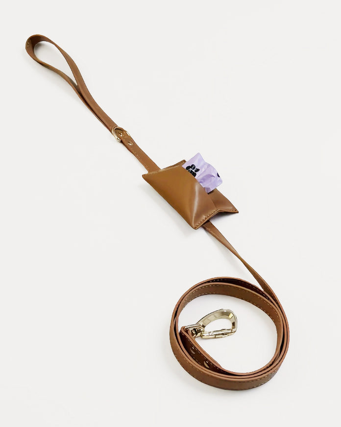 Overview of brown waterproof leather dog leash and waste bag holder with gold clasp.