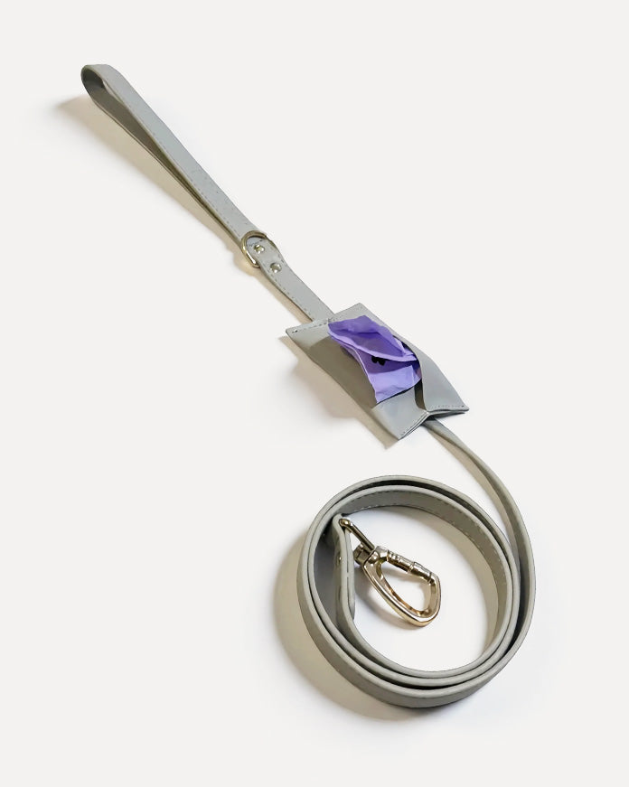 Overview of gray waterproof leather dog leash and waste bag holder with silver clasp.