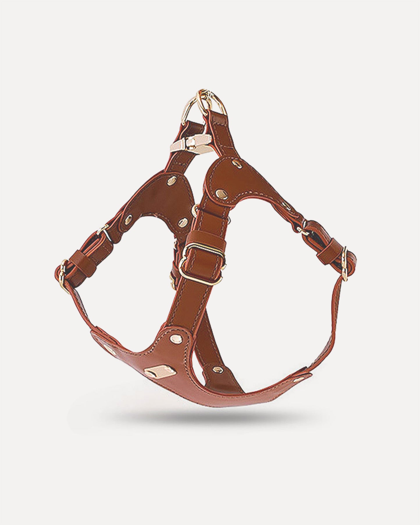 Overview of the waterproof soft leather dog harness in brown, featuring its complete design.